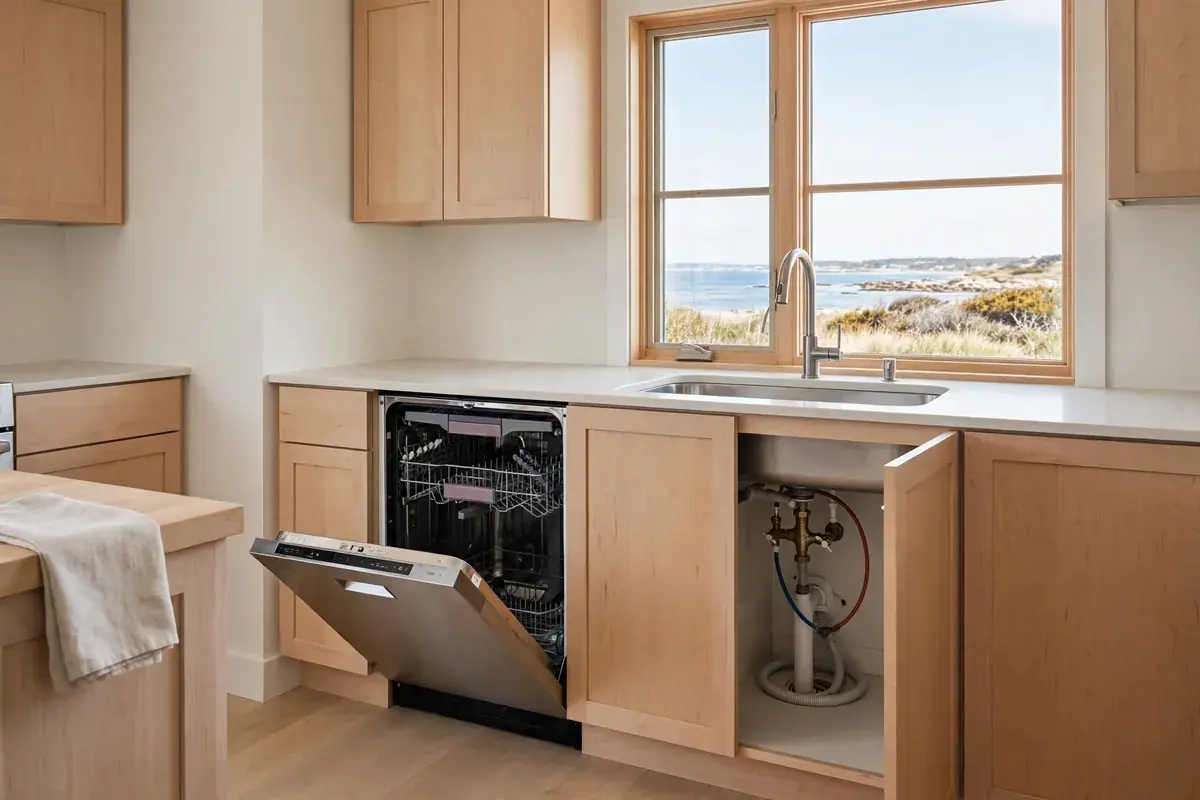 Kitchen with an open dishwasher beside a sink cabinet showing the supply valve and hose