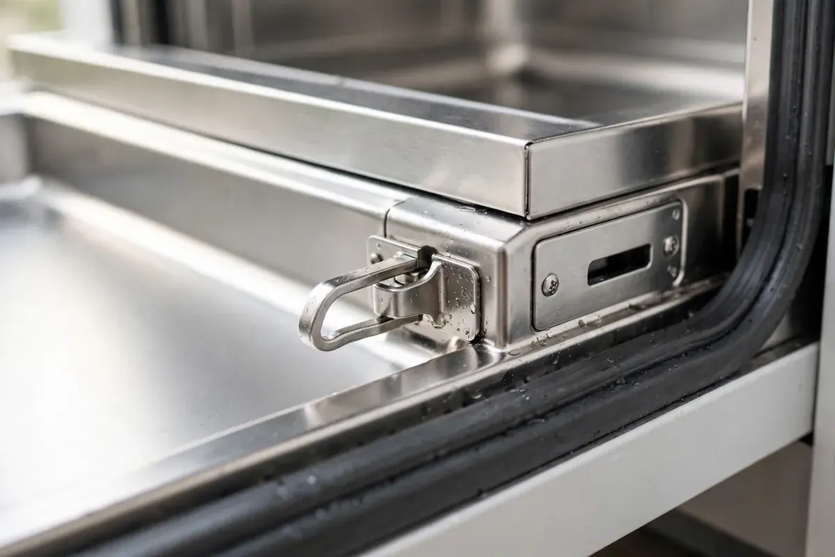 Dishwasher door latch and strike plate seen from the open door edge