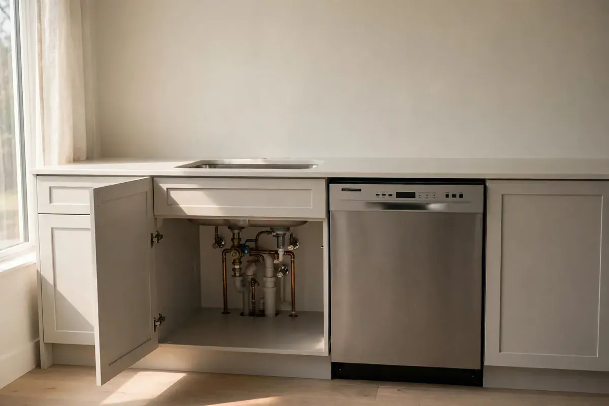 Closed built-in dishwasher in a quiet kitchen with the under-sink cabinet open