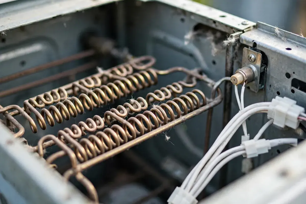 Dryer interior with the panel off showing the heating element coils and thermal fuse