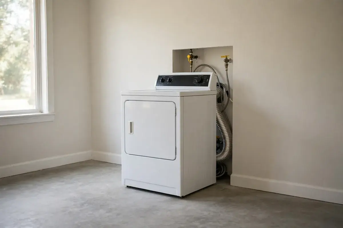 Home laundry room with a dryer pulled forward showing the gas line and vent hose