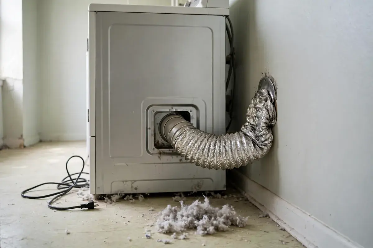 Back of a dryer with a crushed vent hose and lint on the laundry room floor