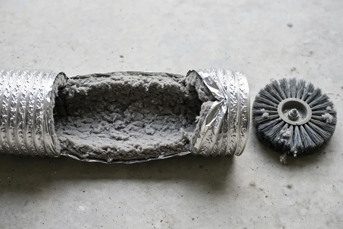 Section of dryer vent hose cut open and lined with compacted lint