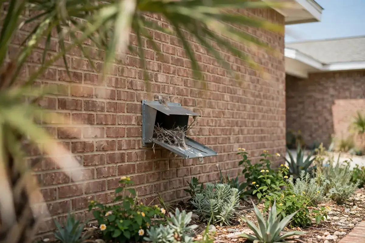 Outside dryer vent hood on a brick wall with a flap held open by nesting material