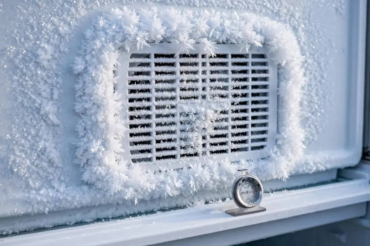 Frost buildup on the rear panel and air vents inside a freezer compartment