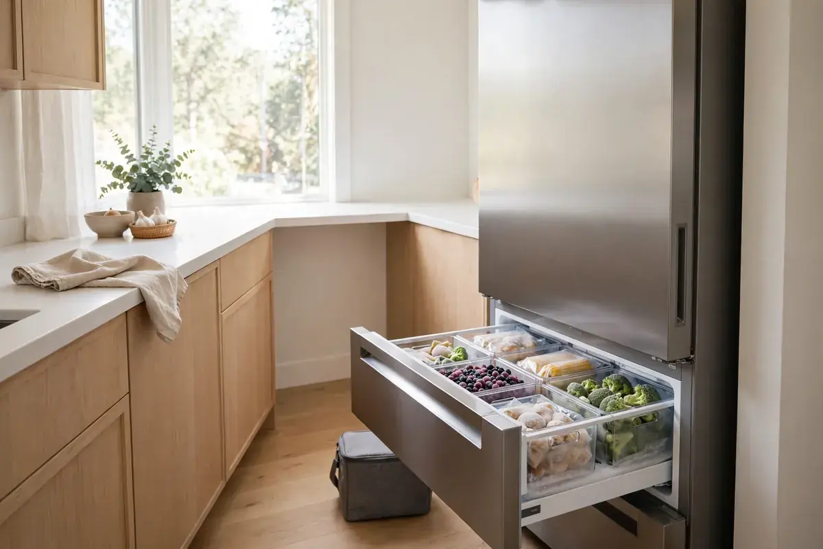 Kitchen with an open freezer drawer of packed food and a small cooler on the floor