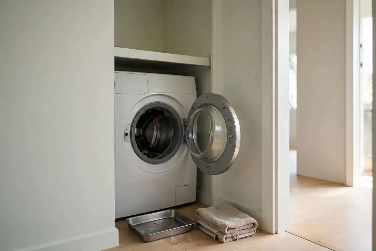 Laundry closet with a front load washer door left ajar and a towel on the floor