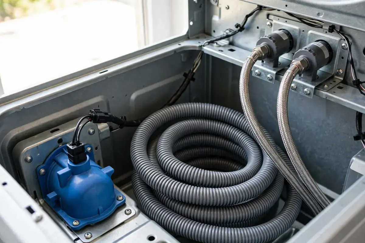 Back of a washing machine showing the drain pump, hoses and water inlet valves