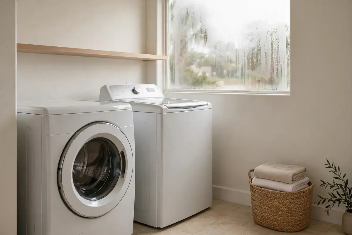 Humid coastal laundry room with two washers and condensation on the window