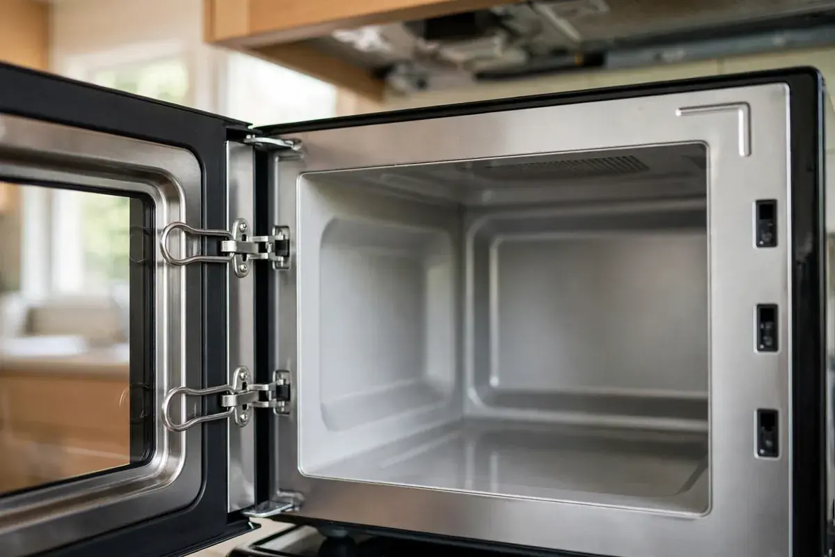 Open microwave door showing the latch hooks and interlock switch openings