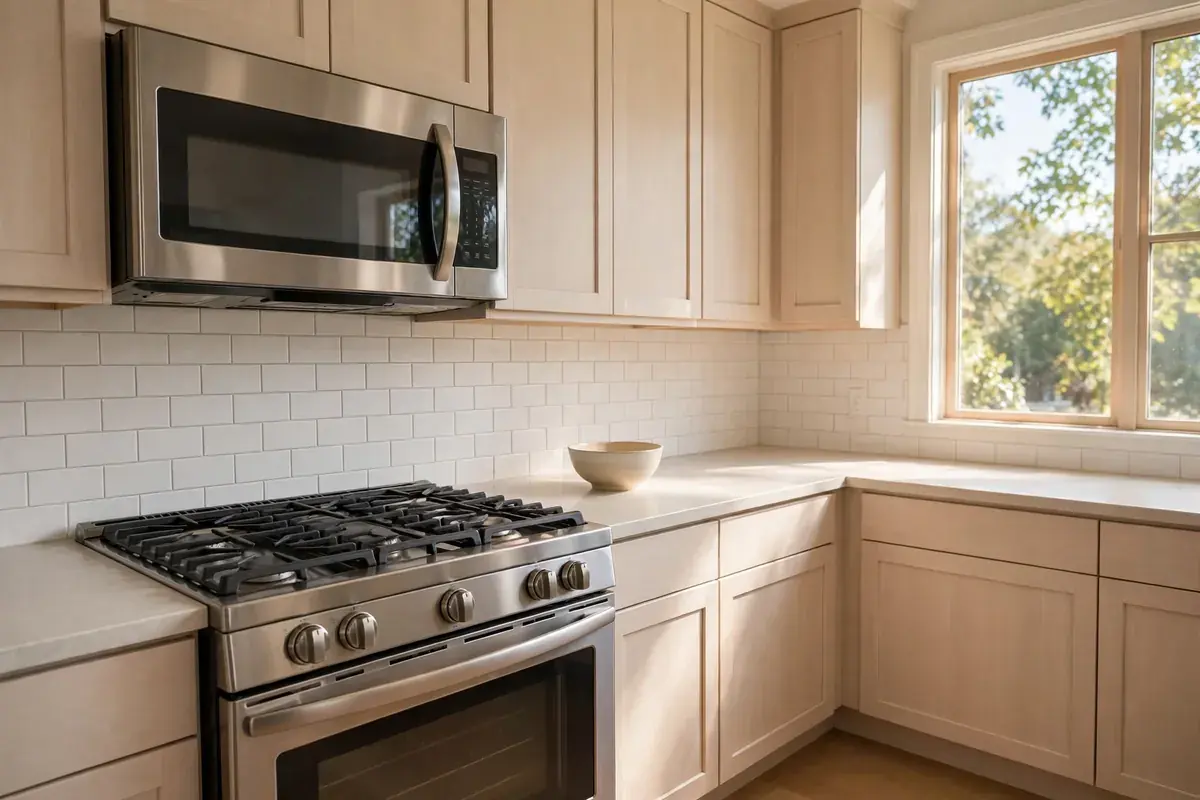 Kitchen with a dark over-the-range microwave mounted above a gas range