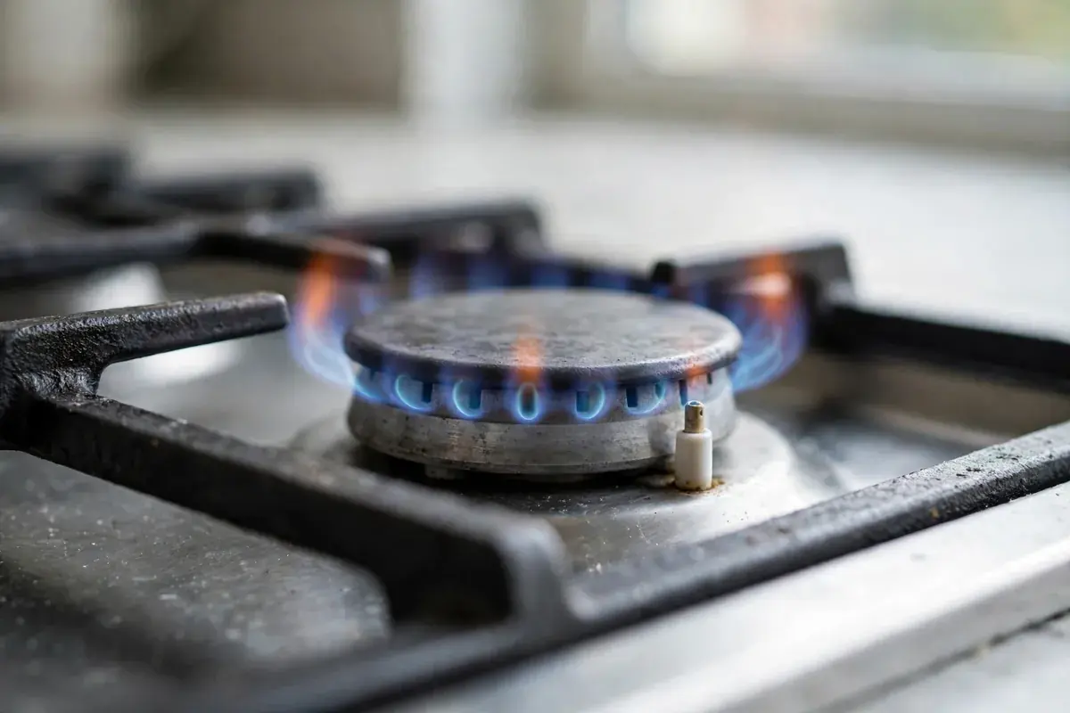 Lit gas burner with a small blue flame ring and the igniter beside it