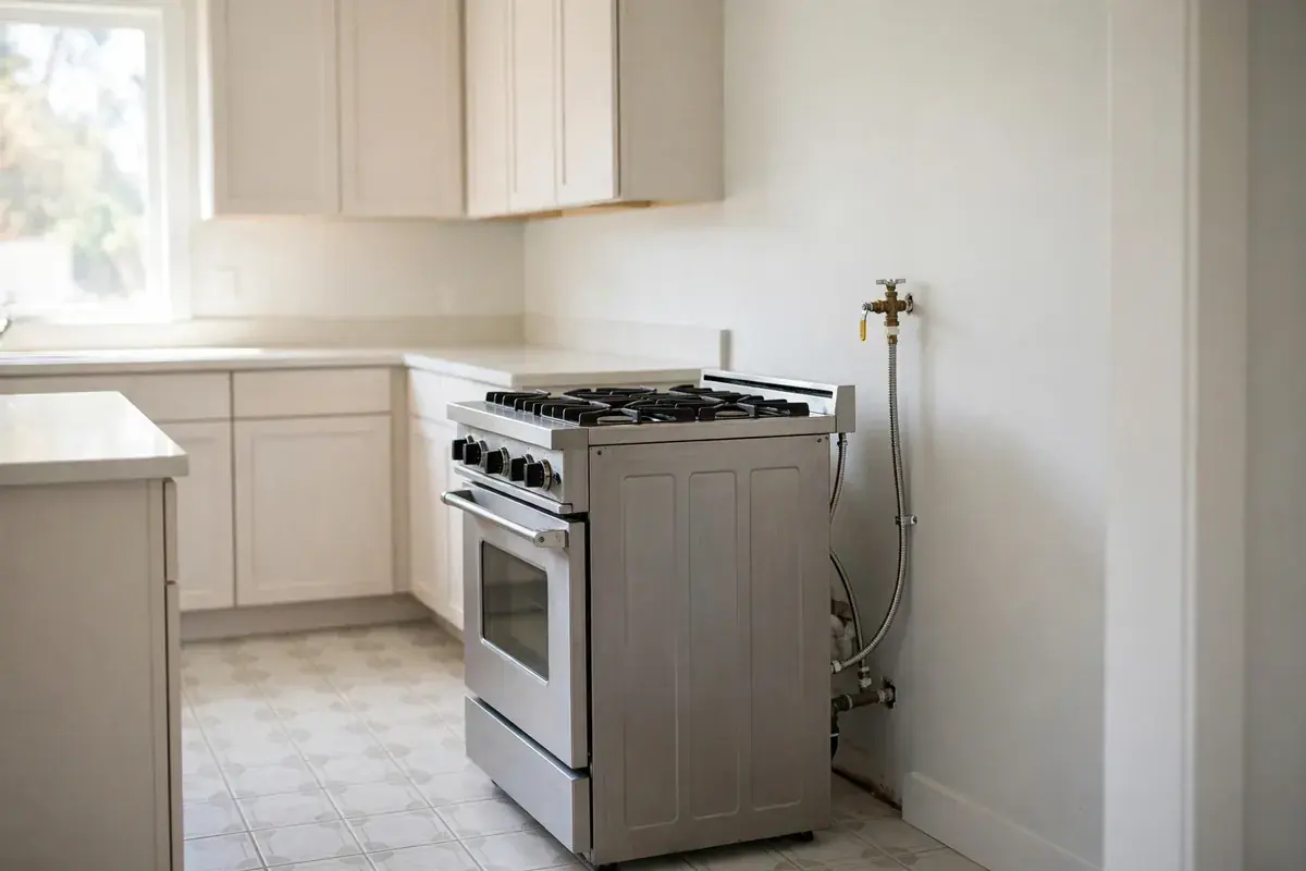 Kitchen range pulled forward showing the gas shutoff valve and connector
