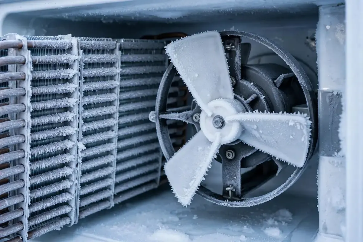 Frosted evaporator coil and fan behind the freezer panel of a refrigerator
