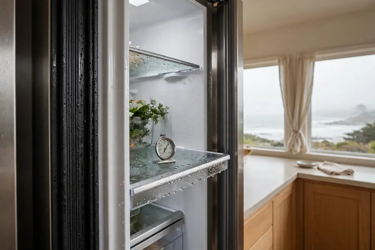 Refrigerator with its door open showing the door gasket and a shelf thermometer