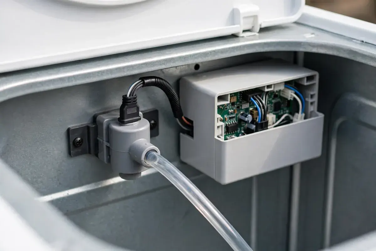 Washer pressure switch and clear air tube behind the opened control panel
