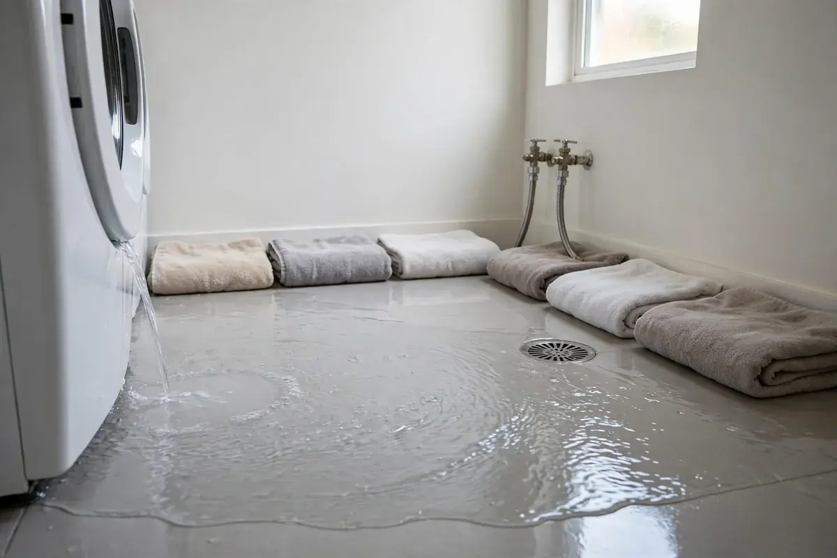 Laundry room floor with water spreading from a washer and towels laid at the edge