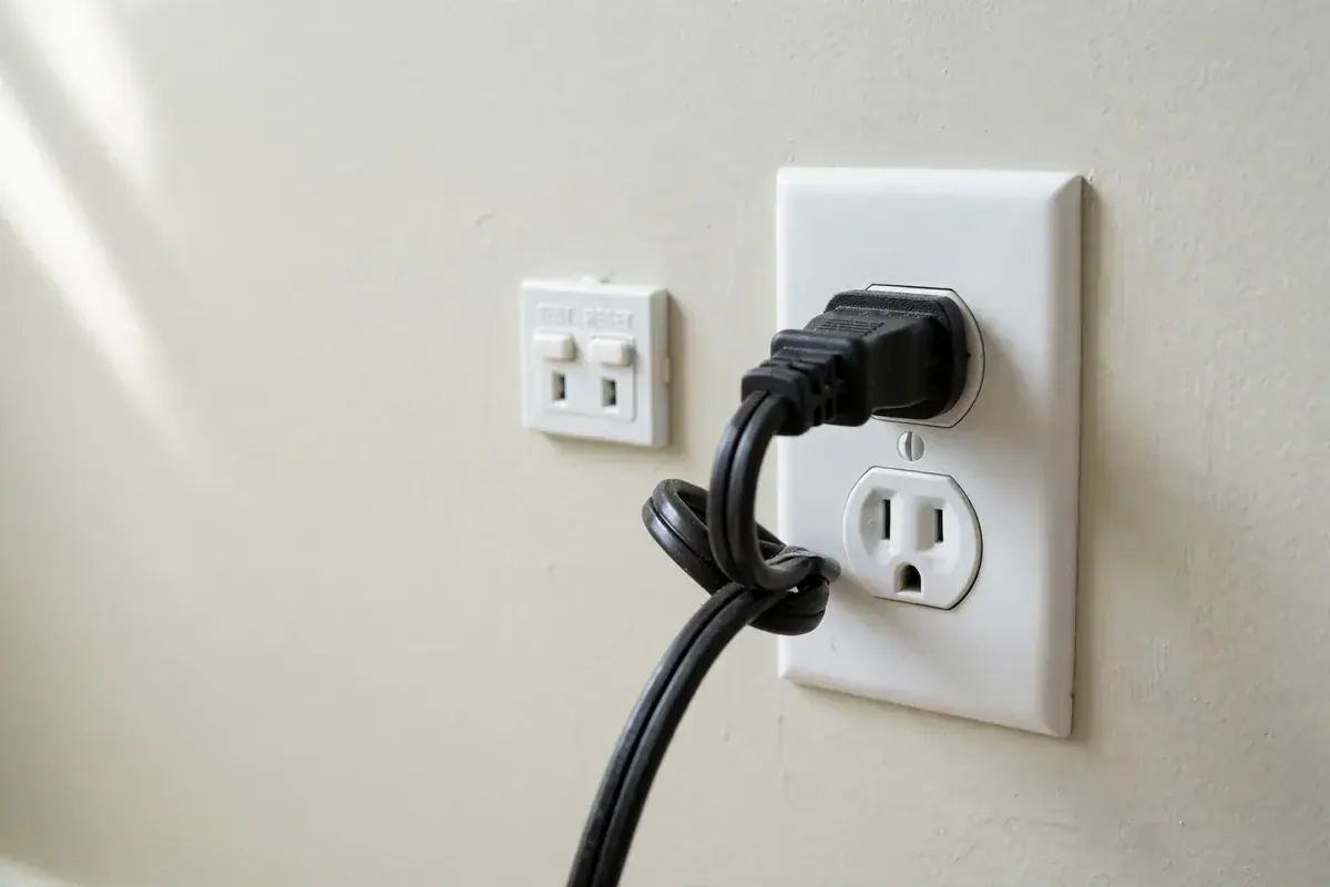 Washer power cord plugged into a wall outlet next to a reset outlet