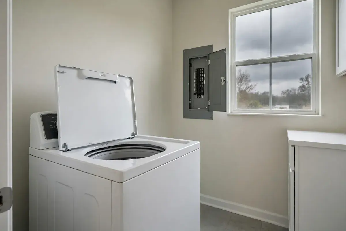 Laundry room with a dark washer control panel and a breaker panel in the background